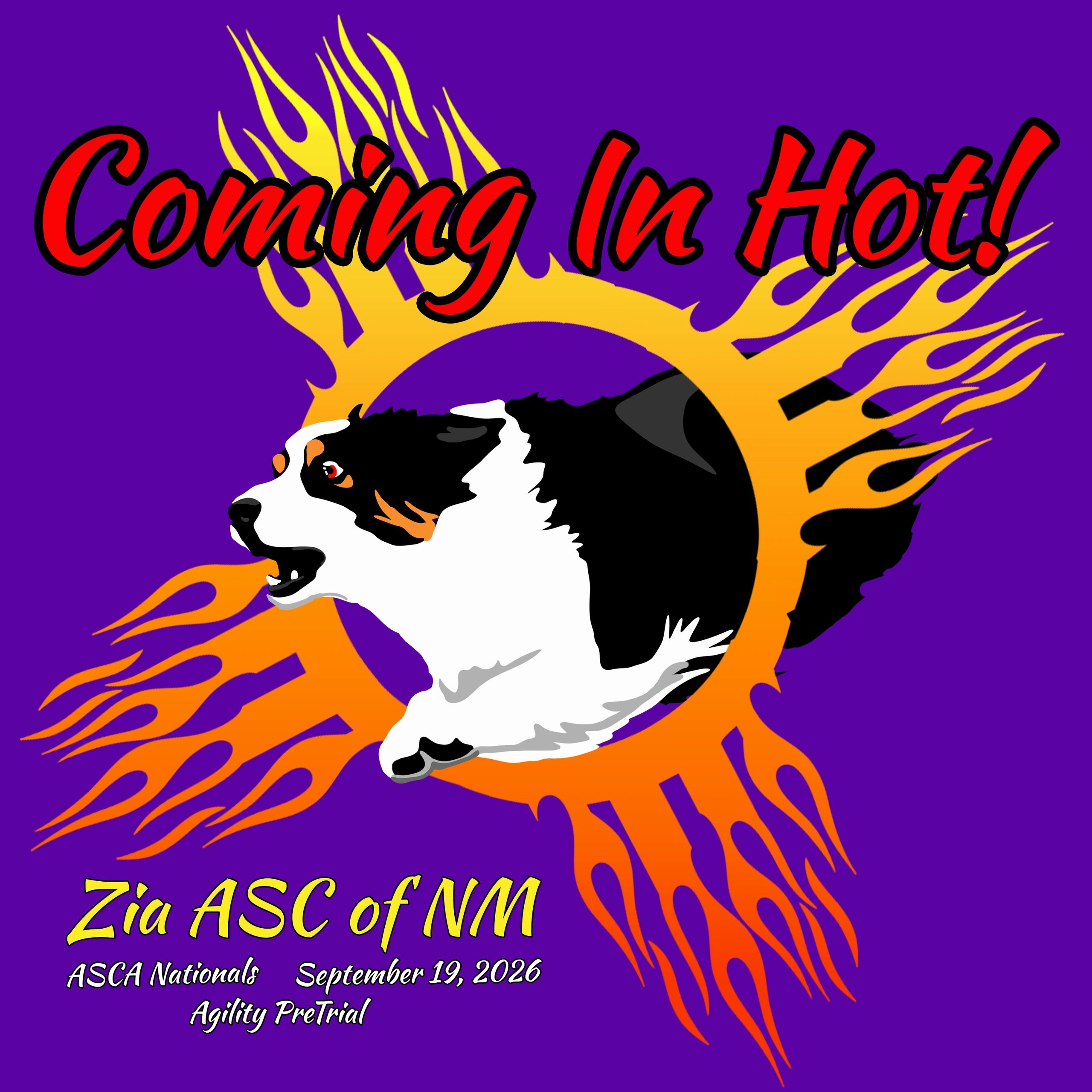 Illustration of a black and white dog with flames and text "Coming In Hot!"