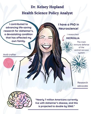 Ilustrative feature of Kelsey Hopland, health science policy analyst. Woman with long brown hair.