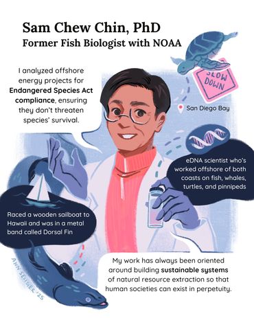Visual of Sam, a man with dark glasses and dark hair. Icons of marine wildlife around him.