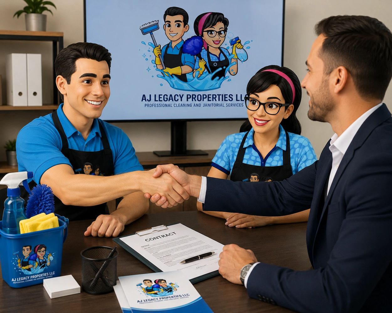 Business handshake sealing a janitorial services contract.