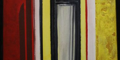 Abstract painting with vertical stripes in red, black, yellow, and white.