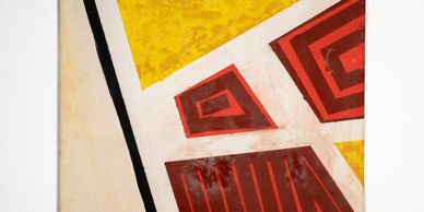 Abstract geometric painting with bold red and yellow shapes on a white background.