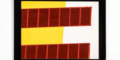 Abstract painting with red and yellow geometric shapes on a white background.