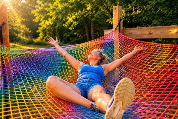 A woman relaxing on a colorful hammock in a sunny garden.