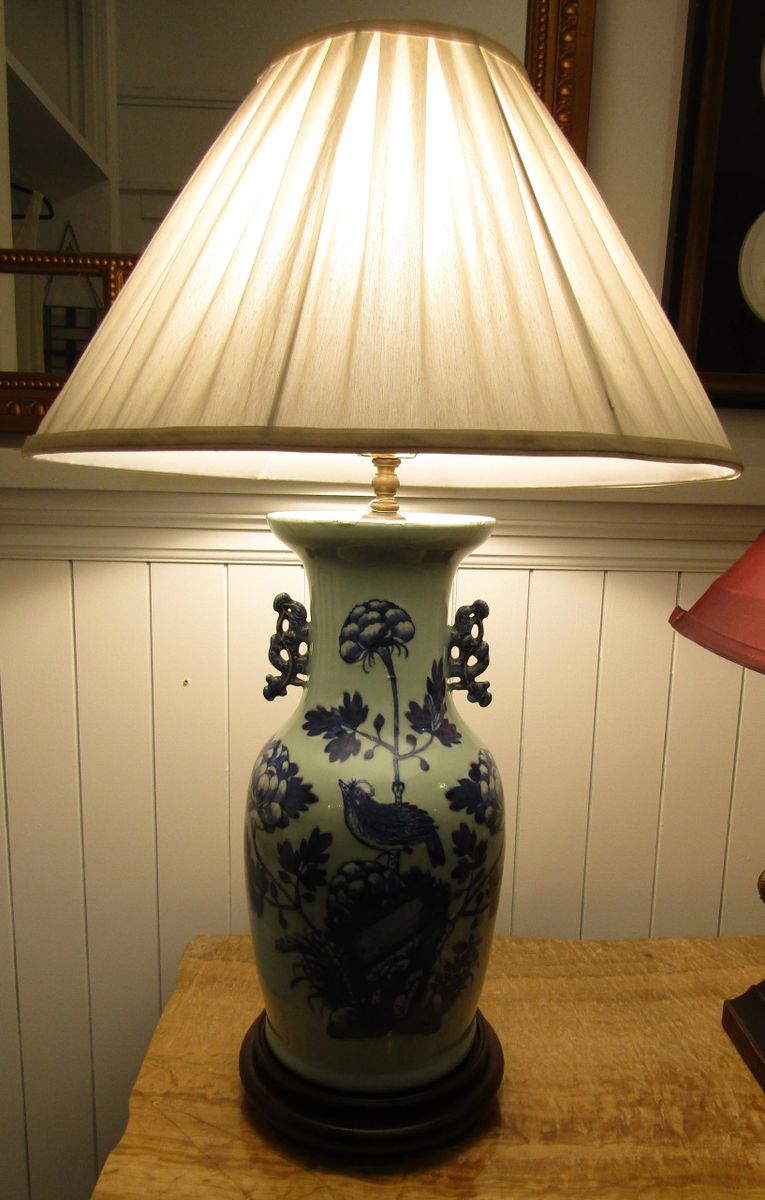 Vintage Oriental Porcelain Vase Lamp Celadon and Blue (perched bird)