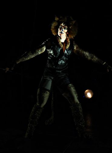 Performer in dramatic feline costume and makeup on dark stage.