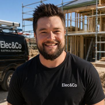 Smiling electrician in black Elec&amp;Co shirt at construction site.