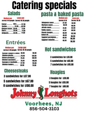 Menu of catering specials including salads, pastas, entrées, cheesesteaks, hot sandwiches, and hoagies.