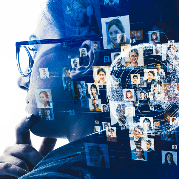 A thoughtful person with glasses overlays a digital network of diverse profile pictures.