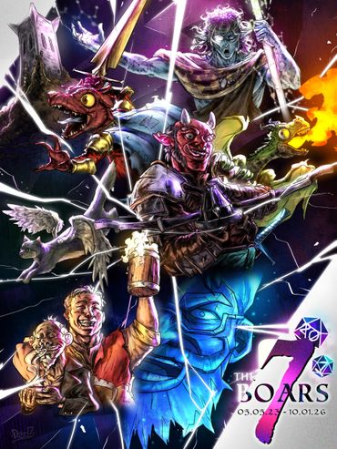 Fantasy characters and creatures depicted in a dynamic, colorful art style.