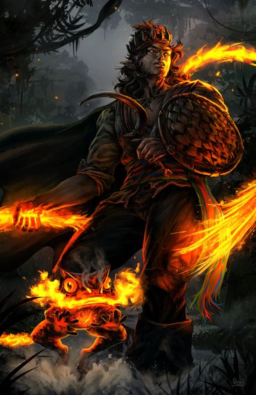 A warrior with fiery powers and a fire creature companion in a dark forest.