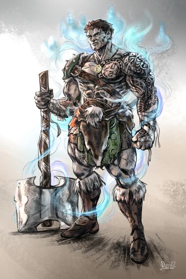 A muscular warrior with glowing blue energy wields a large battle axe.