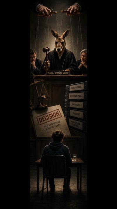 Kangaroo judge puppeteer controlling courtroom decisions before hearing the accused.