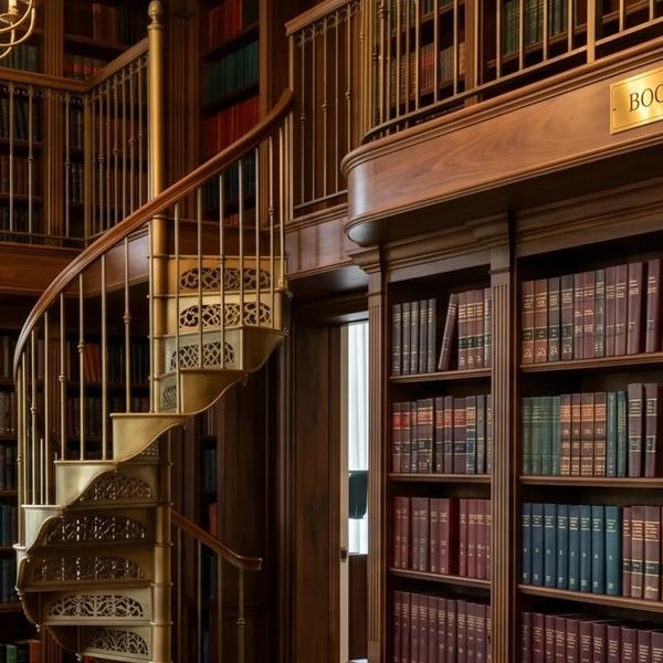 Elegant wooden library with spiral staircase and leather-bound books.