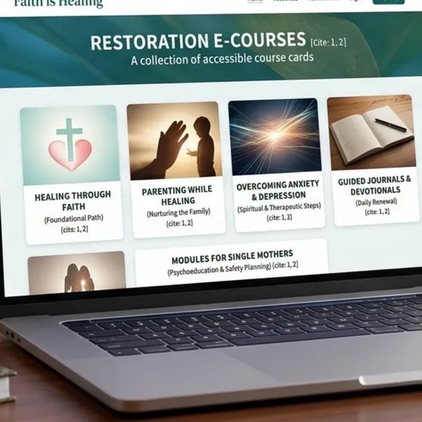 Laptop screen showing restoration e-courses for healing and mental health.