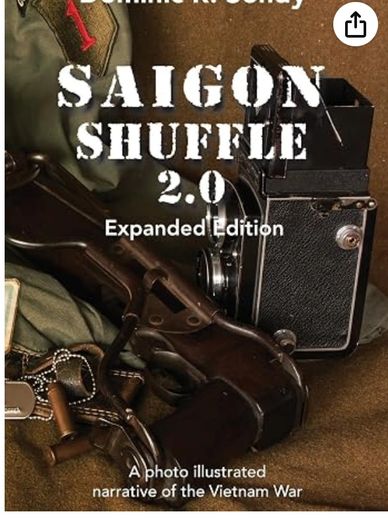 Cover of Saigon Shuffle 2.0 book with camera and military gear.