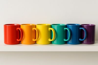 A white shelf with six brightly colored mugs on it.