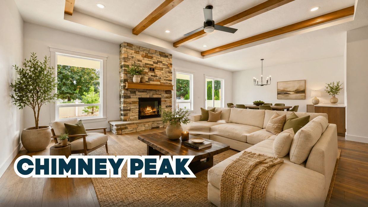 Cozy living room with stone fireplace and beige sectional sofa.