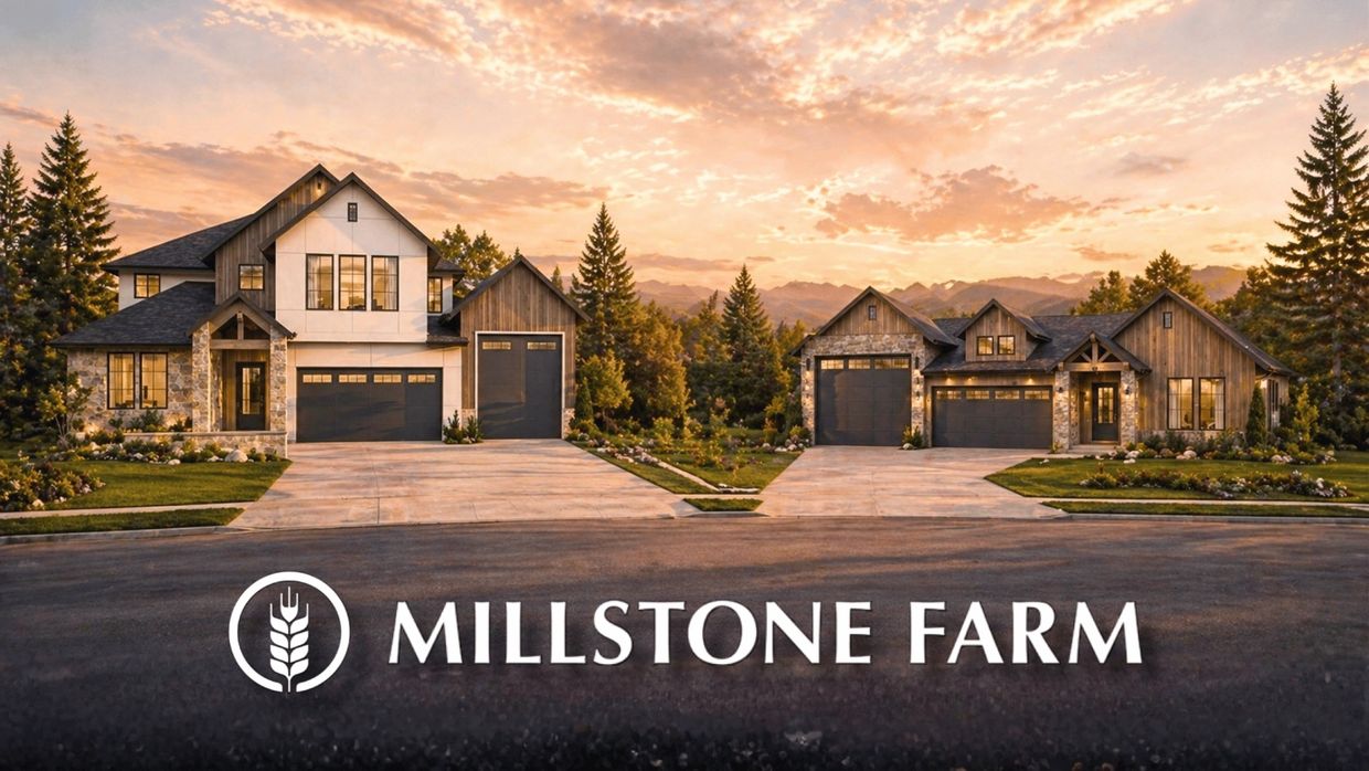 Two modern farmhouse-style homes at sunset with Millstone Farm logo.