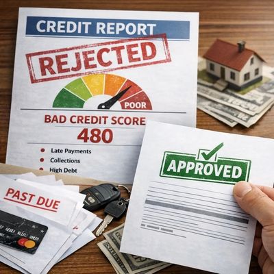 Rejected credit report with poor score and approved document with house model and money.