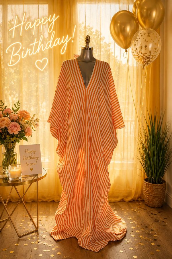 Striped dress on a mannequin with birthday decorations and golden balloons.