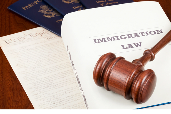 Legal books on immigration law with passports and a gavel on a wooden table.
