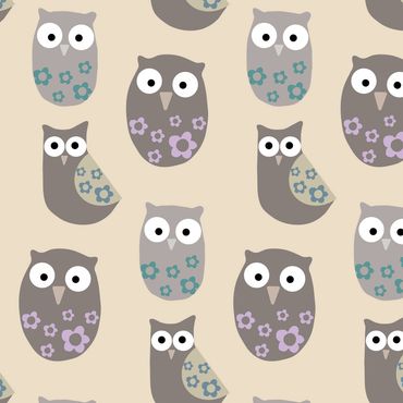 Pattern of cartoon owls with floral designs.