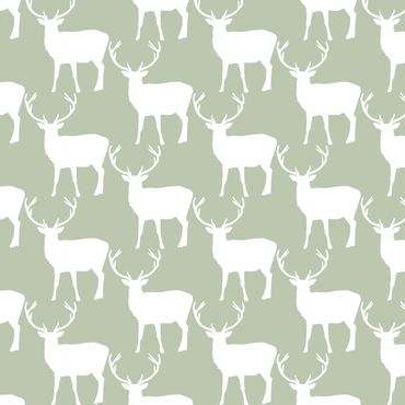 White deer silhouettes on a muted green background.
