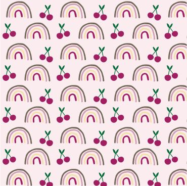 Pattern of rainbows and cherries on a light pink background.