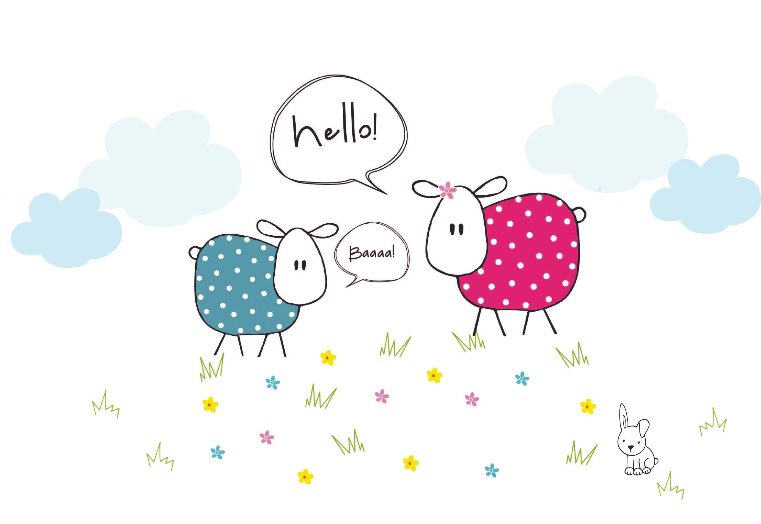 Two colorful polka-dotted sheep greeting each other in a flowery field.