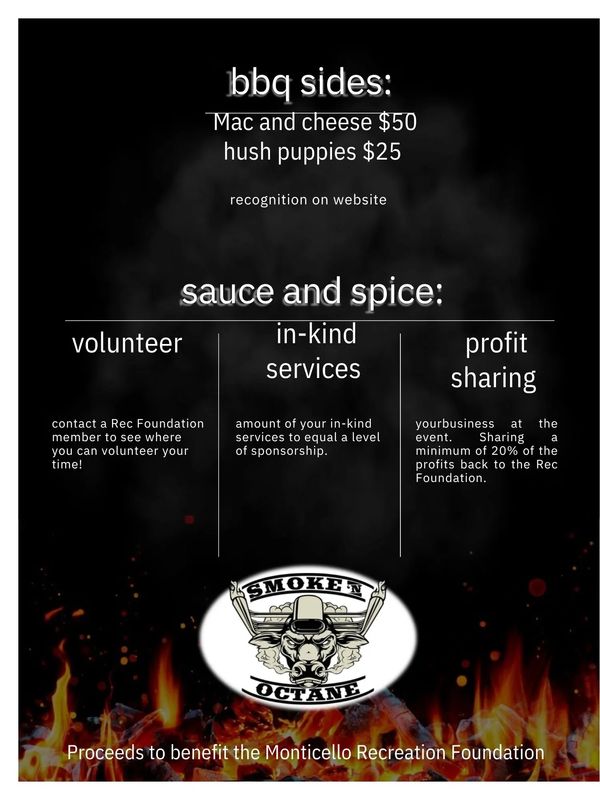 BBQ sides pricing and sponsorship options benefiting Monticello Recreation Foundation.