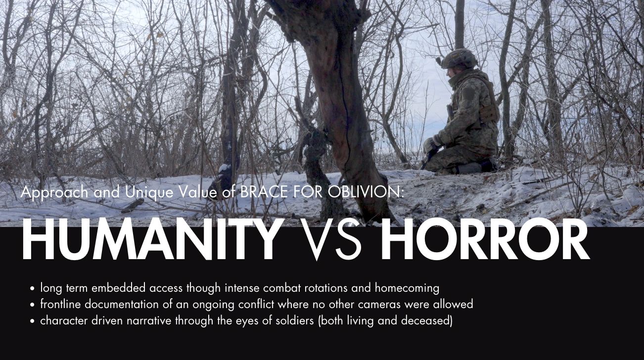 Soldier in winter forest with text about combat documentary and humanity versus horror.