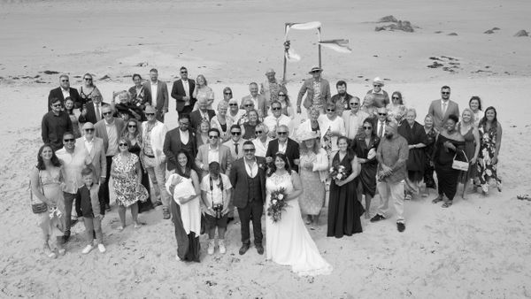 B&W wedding photo on Cobo beach, Guernsey