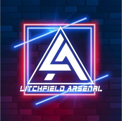 Neon logo of Litchfield Arsenal with geometric design.