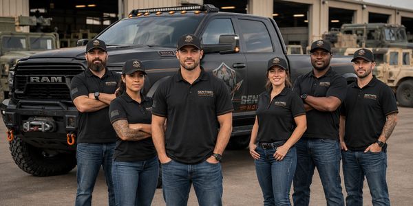 Team of six people in black shirts and caps standing in front of a black RAM truck.
