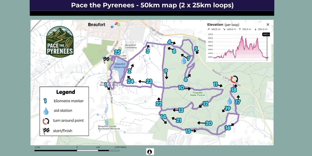 Map of 50km Pace the Pyrenees race with route, markers, and elevation profile.