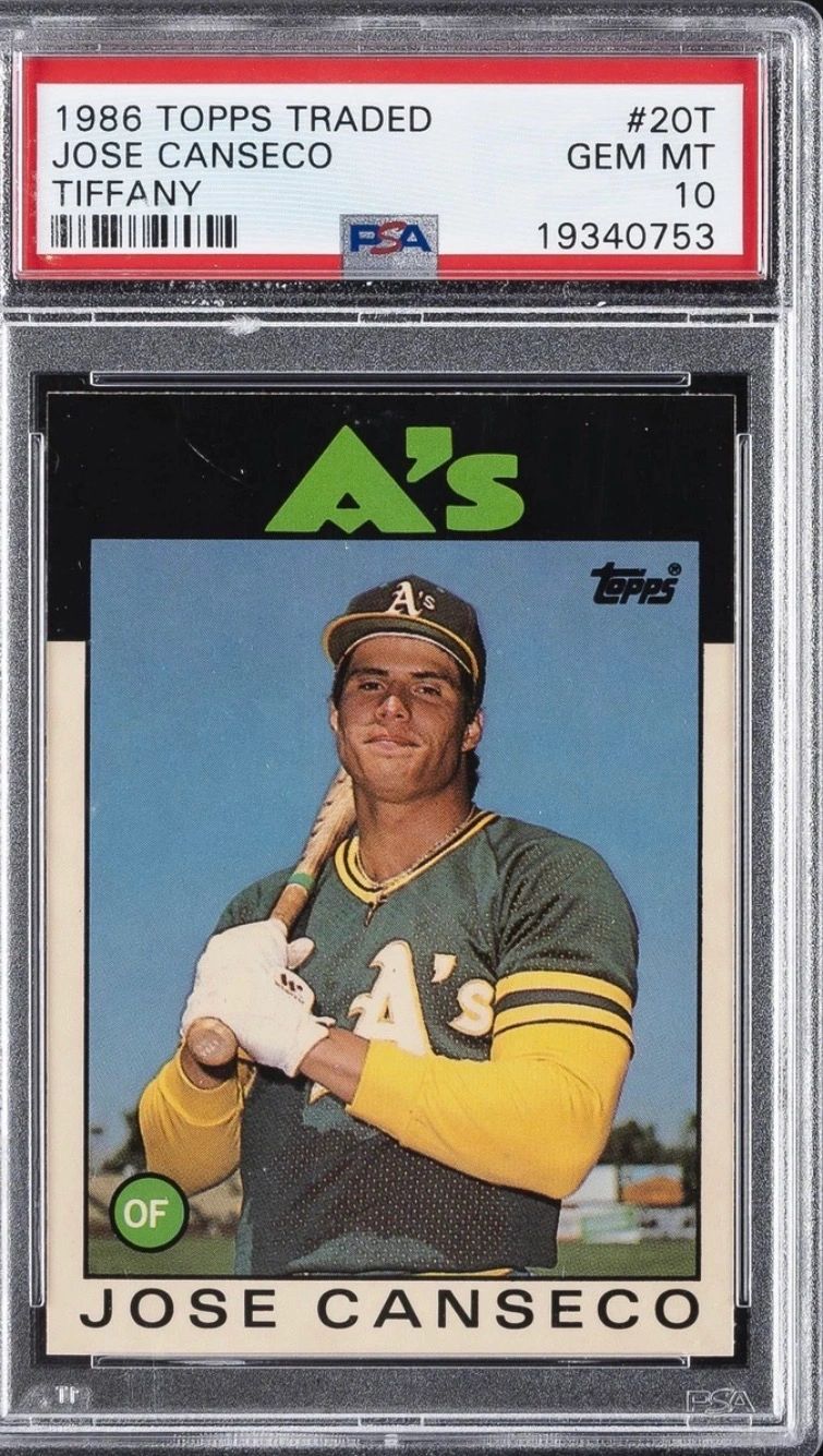 1986 Topps Traded Jose Canseco baseball card graded GEM MT 10 by PSA.