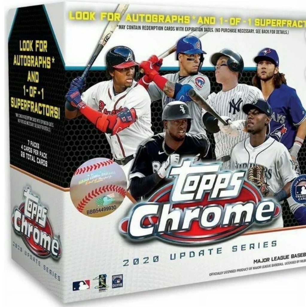 Topps Chrome 2020 baseball card box featuring MLB players and autograph highlights.