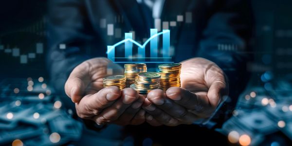 Hands holding stacked gold coins with a rising financial graph.