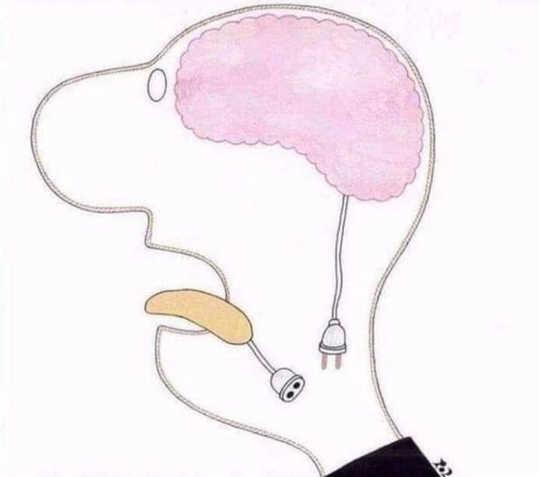 Cartoon brain and mouth connected by electrical plug and socket.