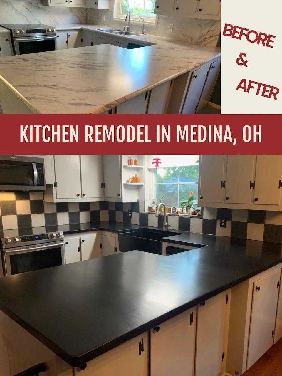Full Scale Kitchen Remodel in Medina, OH by Mr.Countertops featuring rustic black butcher block