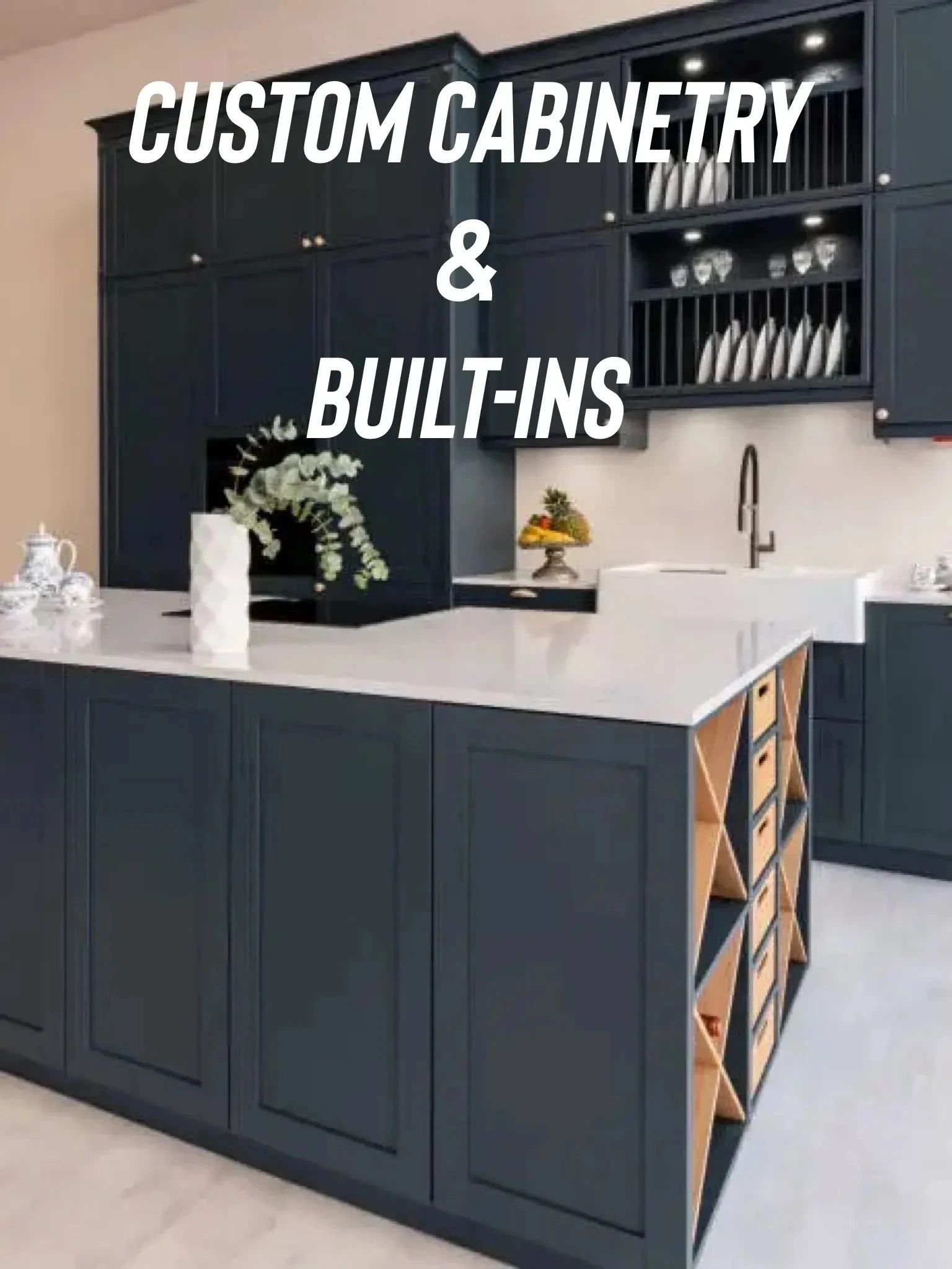 Custom Cabinet navy with white solid surface countertops in Medina, OH by Mr.Countertops