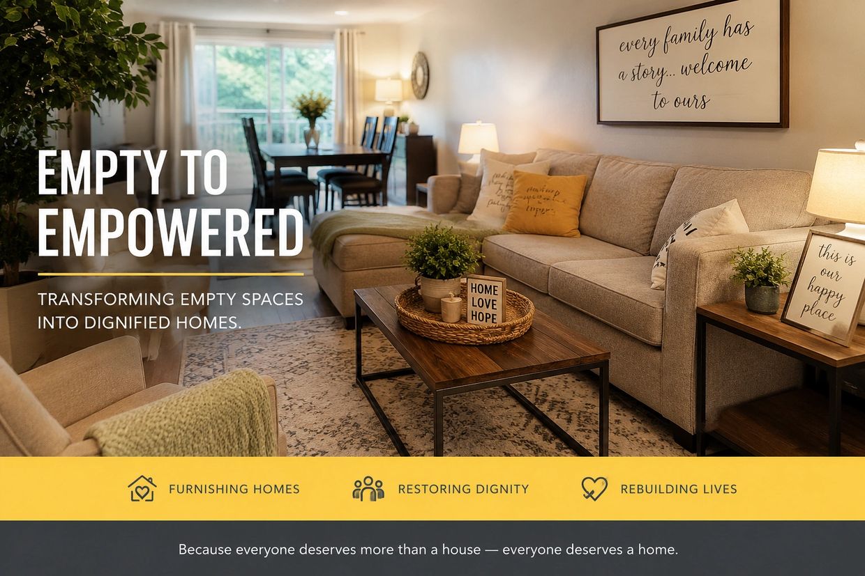 Cozy living room promoting home transformation and dignity.