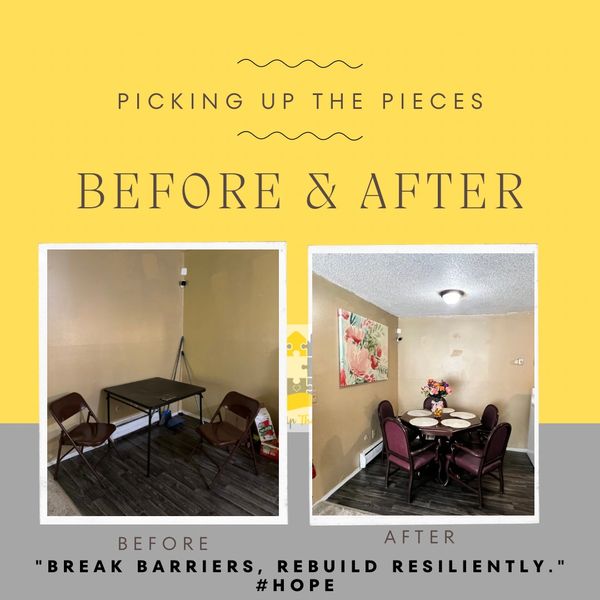 Transformation of a dining space from sparse to cozy and inviting.