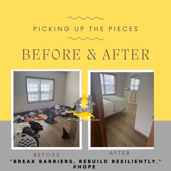 Bedroom transformed from cluttered mess to clean, organized space.