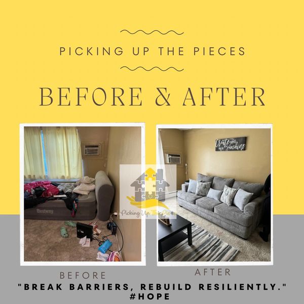 Before and after of a living room cleanup and makeover.