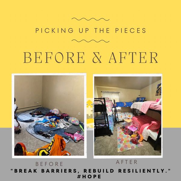 Before and after photos showing a messy room transformed into a neat, colorful bedroom with bunk beds.