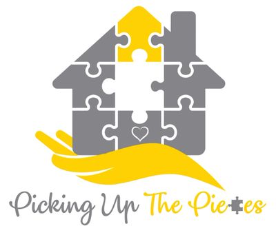Logo showing a hand holding a house made of puzzle pieces with the text Picking Up The Pieces.