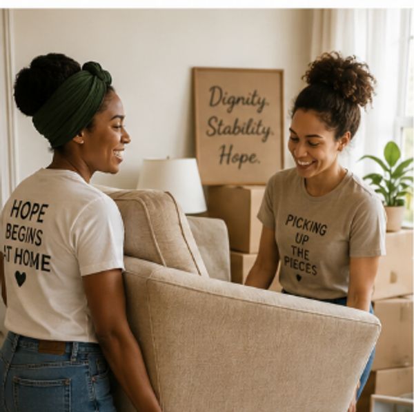 Two women smiling while carrying a couch in a warmly lit room with motivational signs.