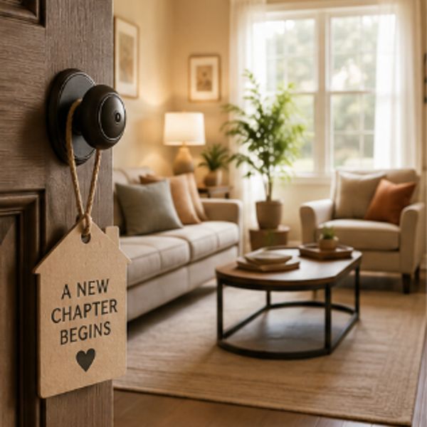Cozy living room with a sign on the door saying 'A New Chapter Begins'.